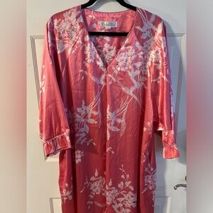 Oscar de la Renta Pink Floral Zip Front Long Nightgown Lounge Dress Kaftan 1X